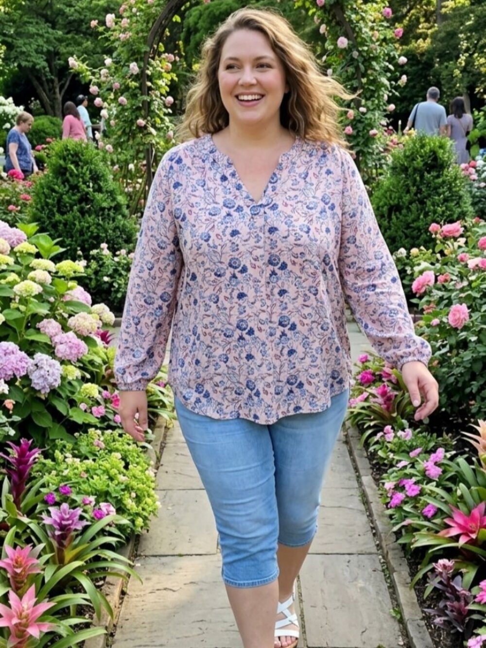 Falls Creek Women’s 3X Top, Floral Peasant, Blush Blue Long Sleeve V-neck, Rayon